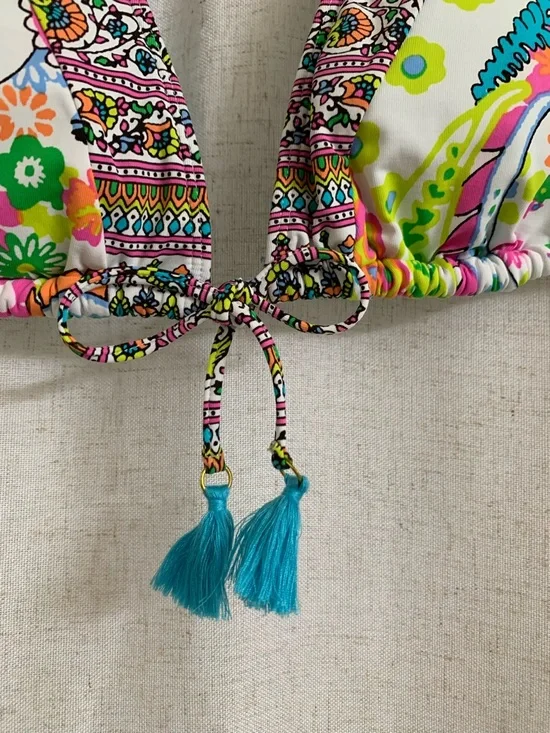 Rod Beattie Bleu Colorful Paisley Halter Bikini Set Tassels Teal Neon Accents 6 - Picture 7 of 10